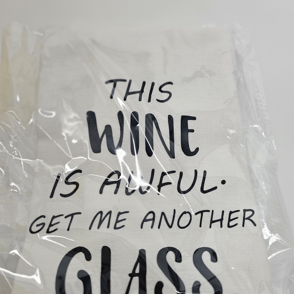 Wine Kitchen Towel with Black Text NEW